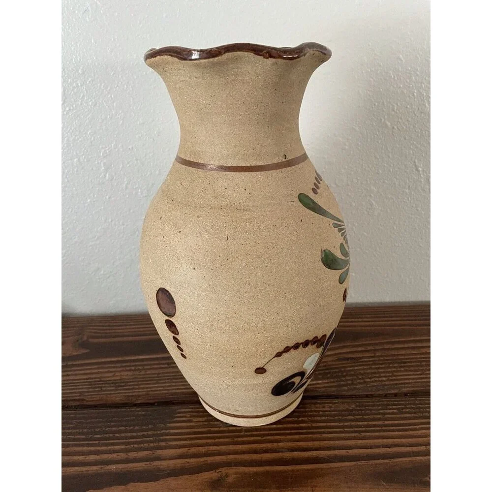 Mexican Tonala Pottery Bird Toucan Floral Vase, 11”